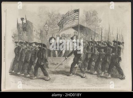 Examen des troupes fédérales le 4th juillet par le président Lincoln et le général Scott; la Garde Garibaldi qui a déposé le passé - d'un croquis de notre artiste spécial. Banque D'Images