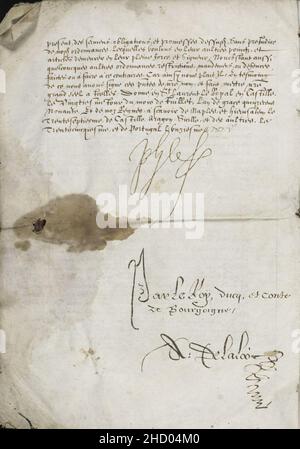 Lettre de récompense du roi Filip II d'Espagne à la famille de Balthasar Gerards, 1590 - 004v. Banque D'Images