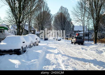 Une rue résidentielle enneigée après une chute de neige épaisse pendant la nuit.Matin ensoleillé tôt avec ciel bleu.La rue n'est pas labourée et de nombreuses voitures garées sont couvertes Banque D'Images