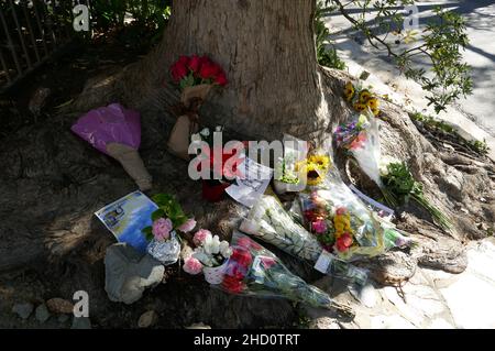 Los Angeles, Californie, États-Unis 1st janvier 2022 des fleurs et des notes sont laissées en mémoire pour l'actrice Betty White à sa maison, montrée ici après son départ le 31 décembre 2021 à Los Angeles, Californie, États-Unis.Photo de Barry King/Alay Live News Banque D'Images