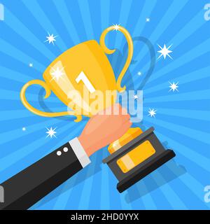 Trophée main d'homme d'affaires.Lauréat du trophée. Banque D'Images