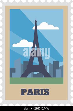 Timbre postal et cachet de la poste de Paris avec vue isolée Illustration de Vecteur