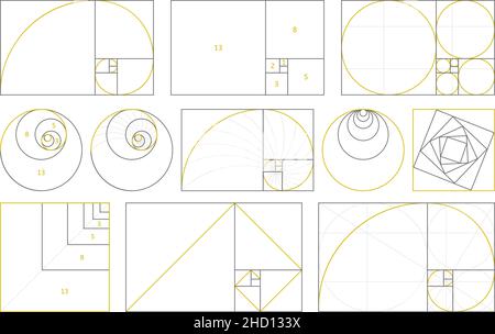 Golden section, nombres de fibonacci, rapport de proportions idéal.Géométrie harmonie or fibonacci ratio spirale, ensemble d'illustrations vectorielles.Proportion de spirale Illustration de Vecteur