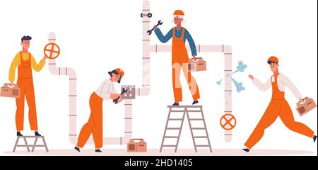 Plombiers caractères fixant les tuyaux, service de réparation de plomberie.Illustration vectorielle des plombiers professionnels qui corrigeant les fuites ou réparent le système de chauffage.Plomberie Illustration de Vecteur