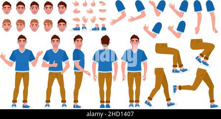 Cartoon homme personnage constructeur, poses homme, expressions faciales et coupes de cheveux.Jeu d'illustrations vectorielles des éléments de création de corps de caractère manuel Illustration de Vecteur