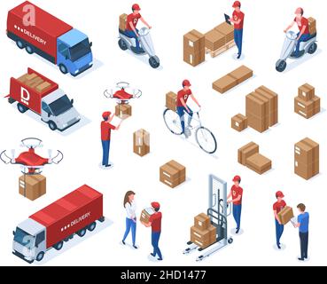 Coursiers isométriques, travailleurs des services de livraison et transport logistique.Colis livraison logistique camion, liveur, boîtes vecteur jeu d'illustration Illustration de Vecteur
