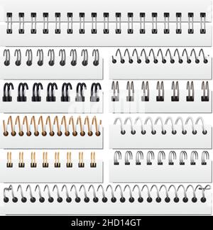 Spirales de fil de reliure en fer argent réalistes.Reliure des feuilles de croquis ou de calendrier ensemble d'illustrations vectorielles spirales en fer.Papier bloc-notes spirale Illustration de Vecteur