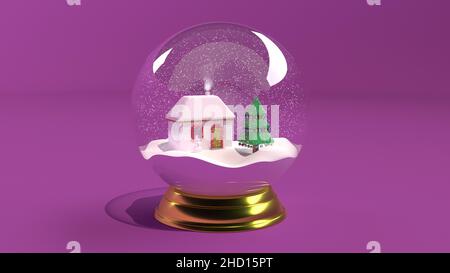 Boule de verre avec boule de neige avec une maison et des pins arbre de Noël et le rendu du nouvel an 2022 3D Banque D'Images