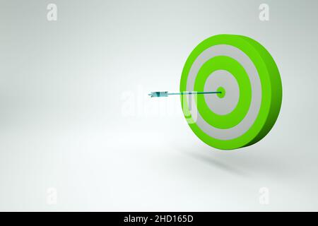 Cible réaliste verte avec un dart sur fond blanc isolé.3D modèle graphique de fléchettes, cibles avec un dart au milieu.3D graphiques Banque D'Images