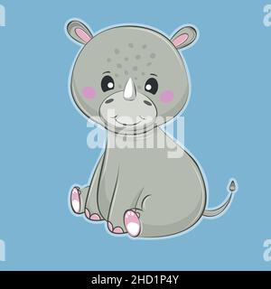 Joli dessin animé bébé rhinocéros sur fond bleu. Illustration de Vecteur