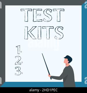 Inspiration montrant des kits de test de signe.Mot pour les outils utilisés pour détecter la présence de quelque chose dans le corps instructeur dessin tenant Stick pointant Banque D'Images