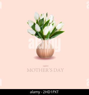 BOUQUET RÉALISTE DE TULIPES. Bannière pour le jour des mères.tulipes blanches sur fond rose.yu carte de voeux pour le jour des mères heureux.Un cadeau élégant pour maman. Illustration de Vecteur