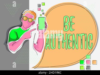 Texte montrant l'inspiration être authentique.Vitrine d'affaires étant la vérité et authentique à soi-même sans imiter les autres dessin de ligne pour Guy Holding Banque D'Images