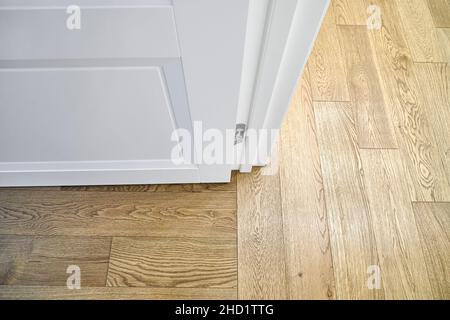 Fait partie de la nouvelle porte intérieure ouverte blanche dans une pièce lumineuse avec un élégant parquet en chêne comme intérieur contemporain vue extrême Banque D'Images