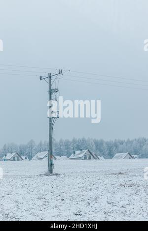 La neige couvrait les arbres en hiver et la ligne électrique dans le champ enneigé. Banque D'Images