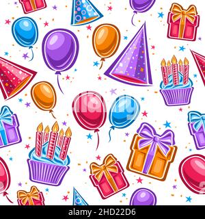 Motif d'anniversaire vectoriel sans couture, arrière-plan répétitif de ballons vibrants, chapeaux coniques d'anniversaire lumineux, gâteau de tasse avec bougies allumées, illustrateur isolé Illustration de Vecteur