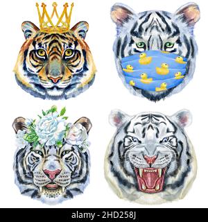 Illustration aquarelle des tigres dans un masque médical, couronne dorée et couronne d'été Banque D'Images