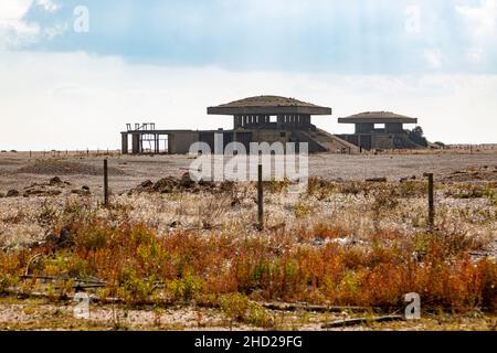 Bâtiments d'essais de bombes militaires abandonnés, ancien centre de recherche sur les armes atomiques, Orford Ness, Suffolk, Royaume-Uni Banque D'Images