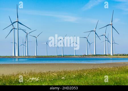 Parc énergétique des moulins à vent à Zeeland, pays-Bas, paysage industriel en été Banque D'Images