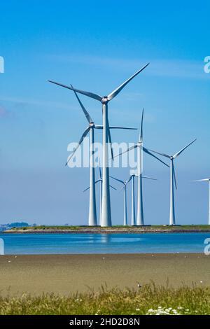 Parc énergétique des moulins à vent à Zeeland, pays-Bas, paysage industriel en été Banque D'Images