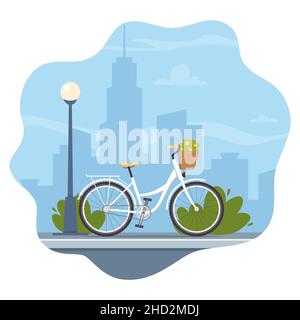 Joli vélo sur fond silhouette de ville. Illustration du concept de vélo pour l'application ou le site Web. Transports modernes. Illustration vectorielle de style plat Illustration de Vecteur