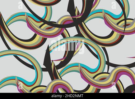 Éléments ondulés colorés sur gris pour le wallpeper ou les textiles.Arrière-plan funky avec des lignes pour les tirages, l'affiche, les couvertures, les vacances et les événements, la mode Banque D'Images