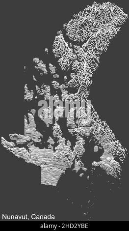 Carte topographique de relief négatif du territoire canadien du NUNAVUT, CANADA avec lignes de contour blanches sur fond gris foncé Illustration de Vecteur