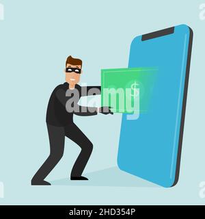 Un voleur satisfait tire le dollar hors du téléphone.téléphone mobile scam.Vector plat Illustration de Vecteur