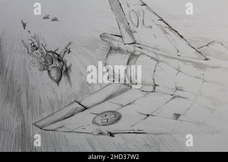 Saab JAS 37 vs SU 15 Flagon à Gotland Island Suède le combat de chiens en avion à réaction à l'époque de la guerre froide 1985 (incident de Flagon) dessin au crayon. Banque D'Images