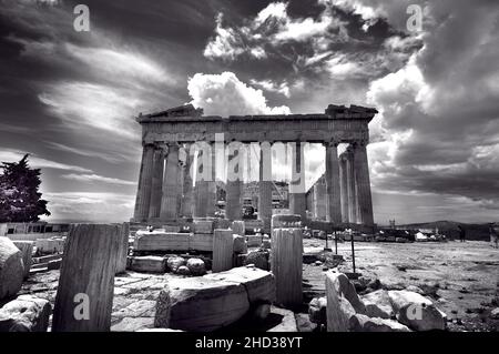 Vue sur le Parthénon à l'Acropole d'Athènes, Grèce, photo noir et blanc Banque D'Images