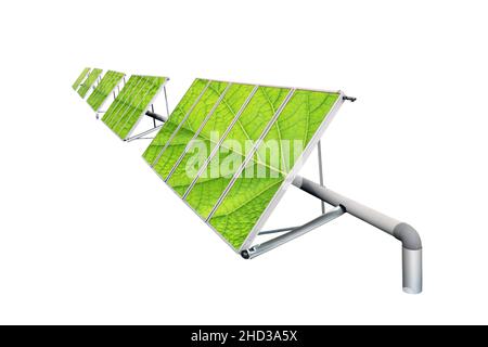 Panneau de cellules solaires avec surface des feuilles de plantes isolées sur blanc.Concept d'énergie verte. Banque D'Images