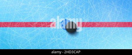 Palet de hockey sur patinoire bleue avec une bande rouge et des traces de skate vue de dessus arrière-plan.Maquette pour publicité ou bannière, modèle pour événement sportif, compétition, tournoi, illustration réaliste de 3D vecteurs Illustration de Vecteur