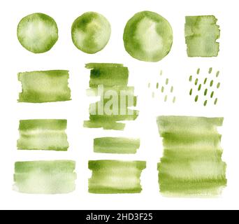 Ensemble de taches d'aquarelle abstraites et de coups de pinceau de couleur verte isolés sur fond blanc.Taches de peinture rondes et rectangulaires.Parfait pour les décorations, les cartes, les différents modèles. Banque D'Images