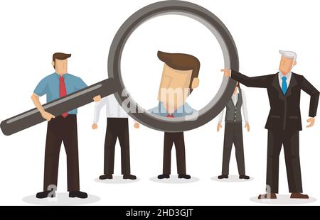 Homme d'affaires choisissant le candidat pour sa compagnie sous une loupe.Concept de chasseur de tête ou de recrutement.Illustration vectorielle. Illustration de Vecteur