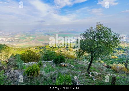 Vue sur le paysage de la vallée de Jezreel et le réseau routier depuis le mont Carmel, dans le nord d'Israël Banque D'Images