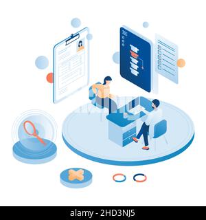 Médecin ostéopathe, chiropractie consultation patiente souffrant de douleurs dorsales, illustration isométrique à vecteur plat. Illustration de Vecteur