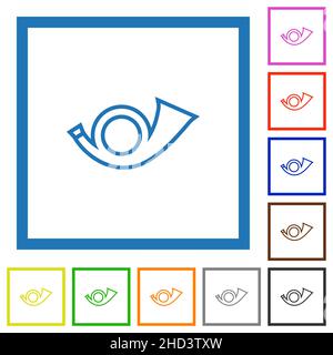 Cadre circulaire postal en forme de corne icônes de couleur plate dans des cadres carrés sur fond blanc Illustration de Vecteur