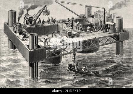 Construction du pont ferroviaire de Tay qui enjambe le Firth de Tay, en Écosse.Ancienne illustration gravée du XIXe siècle de la nature 1885 Banque D'Images