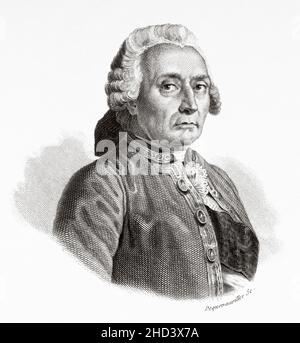 Jean-Rodolphe Perronet (1708-1794) est un ingénieur et architecte français, connu pour ses nombreux dessins de ponts et pour être le fondateur et le premier directeur de l'École des ponts et des chaussons à Paris.France.Europe.Ancienne illustration gravée du 19th siècle de Portraits et histoire des hommes utile par Societe Montyon et Franklin 1837 Banque D'Images