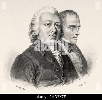 Pierre Joseph Desault (1744-1795) illustre anatomiste et chirurgien français de la fin du 18th siècle.Il était médecin du fils de Louis XVI de France pendant son emprisonnement dans la prison du Tour du Temple pendant la Révolution française.Marie François Xavier Bichat (1771-1802), mieux connue sous le nom de Xavier Bichat, est une biologiste, anatomiste et physiologiste française.France.Europe.Ancienne illustration gravée du 19th siècle de Portraits et histoire des hommes utile par Societe Montyon et Franklin 1837 Banque D'Images