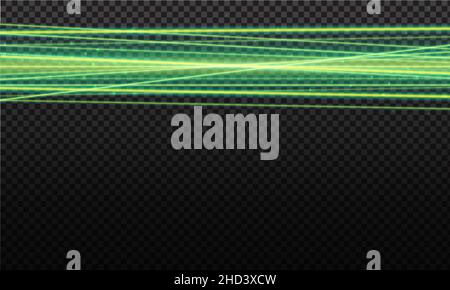 Faisceau laser vert.Rayons laser, effet d'éclairage vert sur fond noir transparent. Illustration de Vecteur