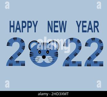 Carte postale bonne année et numéros 2020 et le museau d'un tigre sur fond bleu clair.Nouvelle année du tigre, image vectorielle Illustration de Vecteur