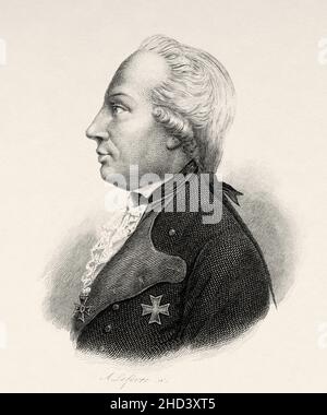 Leopold Brunswick.Maximilian Julius Leopold de Brunswick-Wolfenbüttel (1752-1785) Prince de Brunswick-Wolfenbüttel et duc nominal de Brunswick et de Lüneburg, était un grand général prussien.Europe.Ancienne illustration gravée du 19th siècle de Portraits et histoire des hommes utile par Societe Montyon et Franklin 1837 Banque D'Images