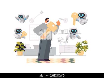 homme avec des robots helpers tenant une grande clé acheter ou louer une maison d'appartement ou voiture vente de véhicules immobiliers loyer Illustration de Vecteur