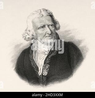 Antoine-Augustin Parmentier (1737-1813) était pharmacien et agronome français, promoteur vocal de la pomme de terre comme source alimentaire pour les humains en France et dans toute l'Europe.Première campagne obligatoire de vaccination contre la variole sous Napoléon à partir de 1805, lorsqu'il était inspecteur général du Service de santé, pionnier de l'extraction du sucre des betteraves à sucre.France.Europe.Ancienne illustration gravée du 19th siècle de Portraits et histoire des hommes utile par Societe Montyon et Franklin 1837 Banque D'Images