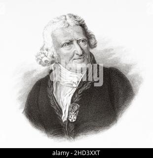 Antoine-Augustin Parmentier (1737-1813) était pharmacien et agronome français, promoteur vocal de la pomme de terre comme source alimentaire pour les humains en France et dans toute l'Europe.Première campagne obligatoire de vaccination contre la variole sous Napoléon à partir de 1805, lorsqu'il était inspecteur général du Service de santé, pionnier de l'extraction du sucre des betteraves à sucre.France.Europe.Ancienne illustration gravée du 19th siècle de Portraits et histoire des hommes utile par Societe Montyon et Franklin 1837 Banque D'Images