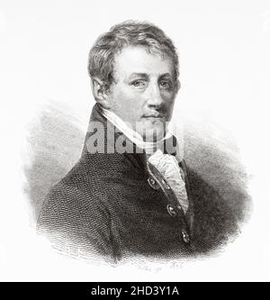 Sir Humphry Davy (1778-1829) 1st Baronet, est un chimiste et inventeur cornouailles qui a inventé la lampe Davy et une forme très ancienne de lampe à arc.En 1799, il expérimente avec l'oxyde nitreux pour le surnomment, le gaz riant.ROYAUME-UNI.Europe.Ancienne illustration gravée du 19th siècle de Portraits et histoire des hommes utile par Societe Montyon et Franklin 1837 Banque D'Images