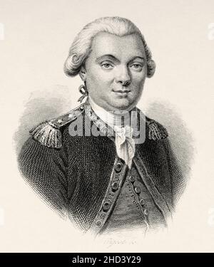 Jean François de Galaup (1741-1788) comte de Lapérouse, est un officier de marine et explorateur français qui détruit les récifs de Vanikoro dans les îles Salomon.France.Europe.Ancienne illustration gravée du 19th siècle de Portraits et histoire des hommes utile par Societe Montyon et Franklin 1837 Banque D'Images