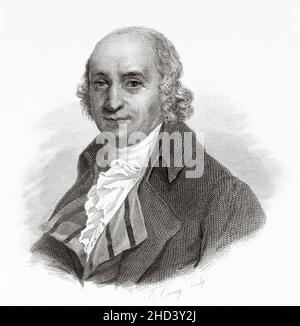 Pierre Samuel du Pont de Nemours (1739-1817) était un écrivain, économiste, éditeur et fonctionnaire franco-américain.Pendant la Révolution française, lui, ses deux fils et leurs familles immigrent aux États-Unis.Son fils Éleuthère Irénée du Pont fut le fondateur de E. I. du Pont de Nemours and Company.France.Europe.Ancienne illustration gravée du 19th siècle de Portraits et histoire des hommes utile par Societe Montyon et Franklin 1837 Banque D'Images