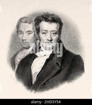 Thomas Clarkson (1760-1846) abolitionniste anglais, principal militant contre le commerce des esclaves dans l'Empire britannique.Il a contribué à fonder la Société pour l'abolition de la traite des esclaves et a contribué à l'adoption de la loi de 1807 sur la traite des esclaves, qui a mis fin au commerce britannique des esclaves.William Wilberforce (1759-1833) politicien britannique, philanthrope et chef du mouvement pour abolir le commerce des esclaves.ROYAUME-UNI.Europe.Ancienne illustration gravée du 19th siècle de Portraits et histoire des hommes utile par Societe Montyon et Franklin 1837 Banque D'Images